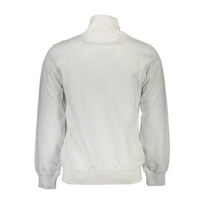 Back view of La Martina White Cotton Men Sweater showcasing Italian craftsmanship and embroidered logo, ideal for chic casual wear.