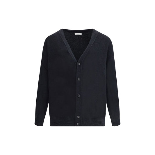 Laneus Black Cashmere Cardigan featuring V-neck, button closure, and ribbed hem