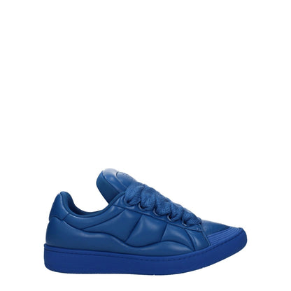 Lanvin Blue Leather Low Top Sneakers with lace-up closure, rubber sole, and round toe design.