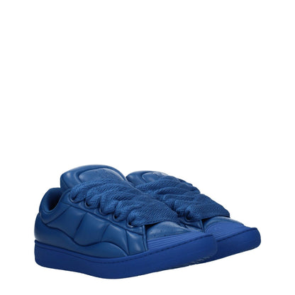 Lanvin Blue Leather Low Top Sneakers with front and back logo, lace-up closure, flat heel, round toe, rubber sole.