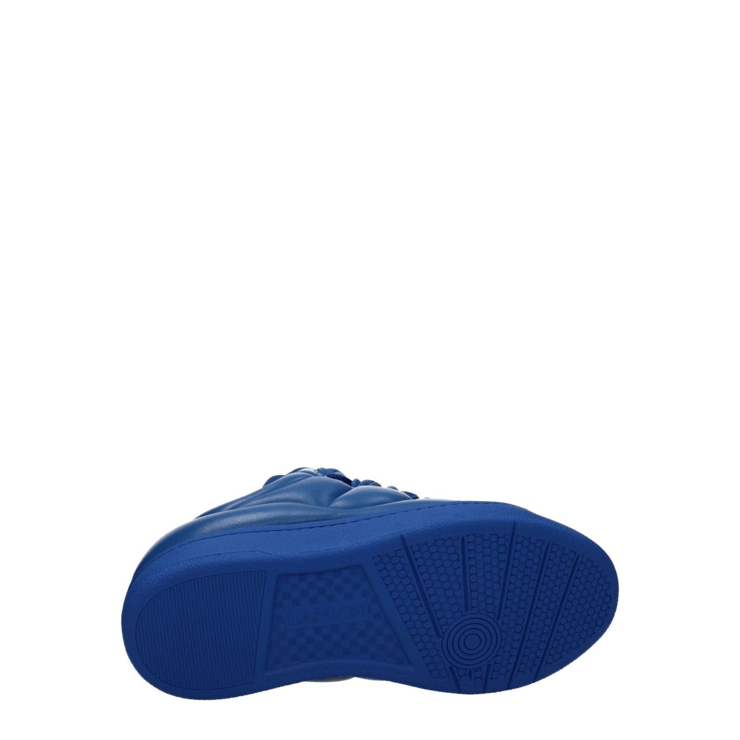 Lanvin Blue Leather Low Top Sneakers featuring a rubber sole and round toe design, showing a detailed view of the blue sole.