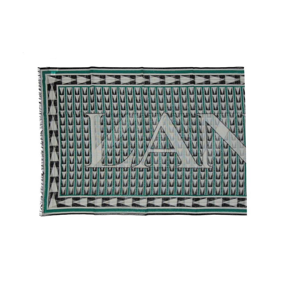 Lanvin Green Wool Scarf with fringe finish and contrast logo detail, made in Italy, women's accessory.