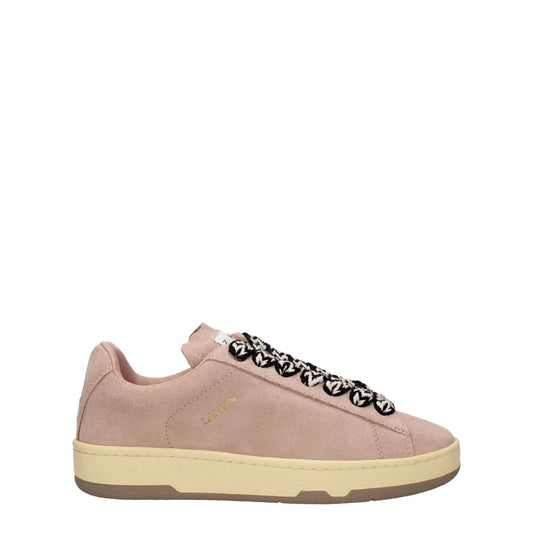 Lanvin Pink Leather Low Top Sneakers with vintage suede design, lace-up closure, and rubber sole. Features logos on front, side, and back.