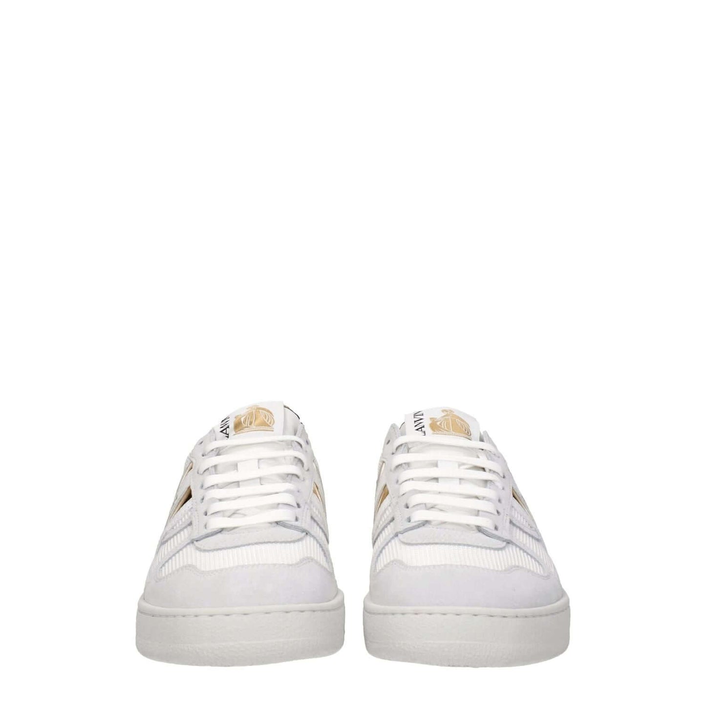 Lanvin White Fabric Low Top Sneakers with front and back logo, lace-up closure, and rubber sole. Casual style with gold accents.