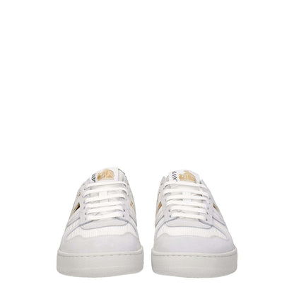 Lanvin White Fabric Low Top Sneakers with front and back logo, lace-up closure, and rubber sole. Casual style with gold accents.
