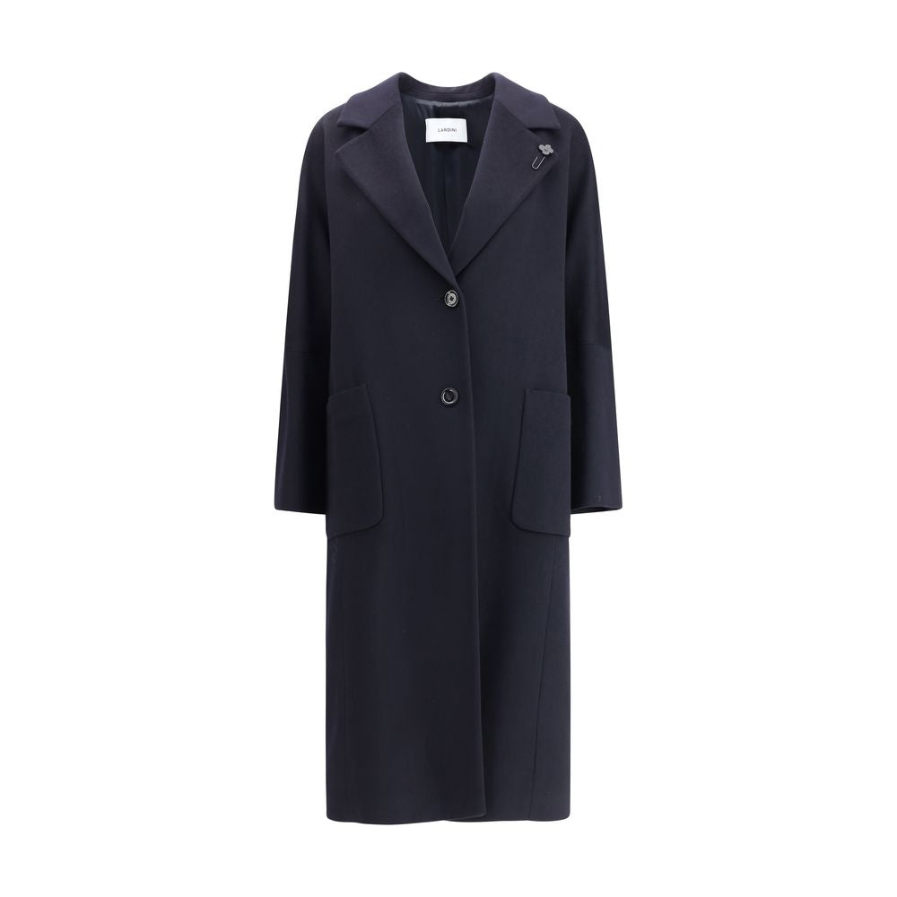Lardini Black Cashmere Coat with wide lapel and patch pockets, front view showcasing sleek modern design and oversized silhouette.