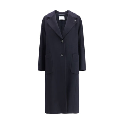 Lardini Black Cashmere Coat with wide lapel and patch pockets, front view showcasing sleek modern design and oversized silhouette.