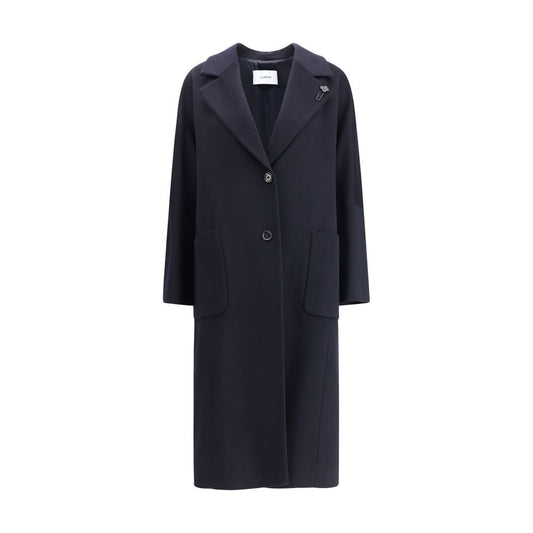 Lardini Black Cashmere Coat with wide lapel and patch pockets, front view showcasing sleek modern design and oversized silhouette.