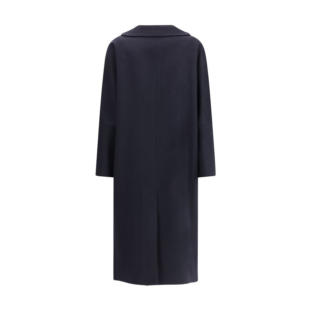 Back view of Lardini Black Cashmere Coat with wide sleeves and classic lapel, showcasing modern design and sleek silhouette.