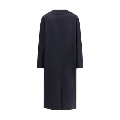 Back view of Lardini Black Cashmere Coat with wide sleeves and classic lapel, showcasing modern design and sleek silhouette.