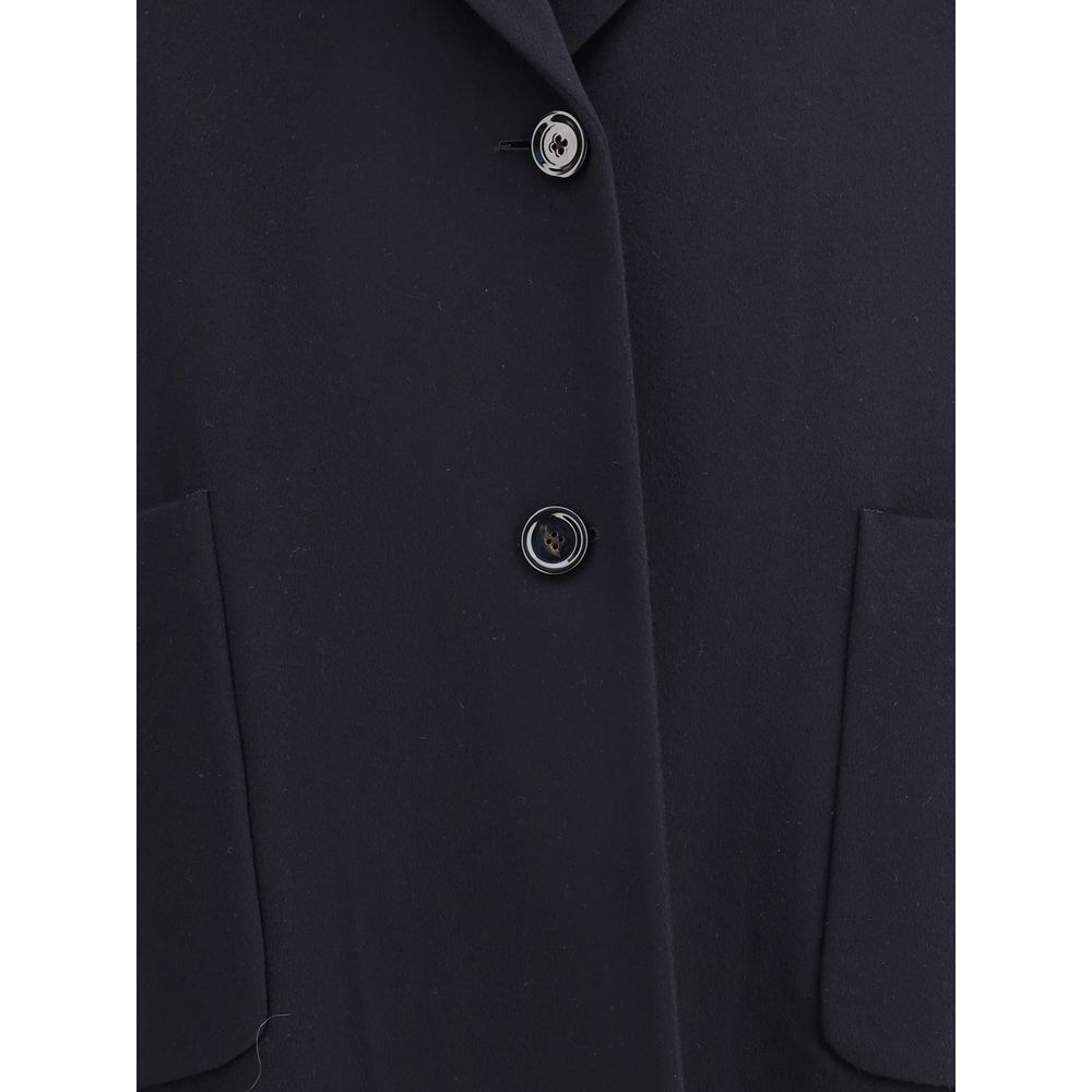 Close-up of Lardini Black Cashmere Coat with button closure and patch pockets, showcasing a modern sleek design.