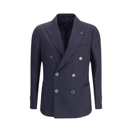 Lardini Blue Fleece Wool Blazer with herringbone pattern, double-breasted design and iconic pin, featuring spear lapels and patch pockets.