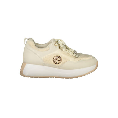 Laura Biagiotti Beige Polyethylene Sneaker with laces, suede, removable footbed, contrasting details, embroidery, and logo design.