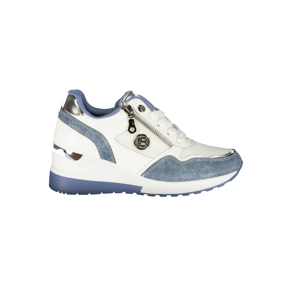 Laura Biagiotti Blue Synthetic Women Sneaker with laces, side zip, and embroidery details, showcasing sporty and fashion-forward design.