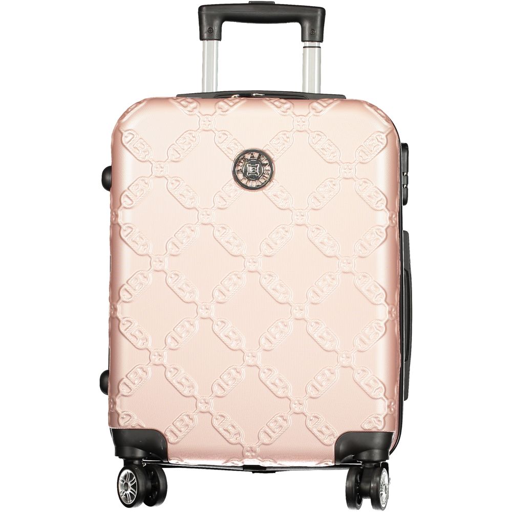 Laura Biagiotti Pink Polyethylene Luggage And Travel with 4 wheels, zip closure, and combination padlock. Features logo and contrasting details.