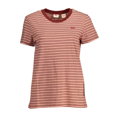 Levi's Red Cotton Women T-Shirt with stripes and logo, classic style, short sleeve, round neck, perfect for casual outfits.