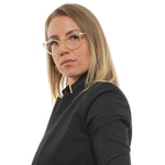 Woman wearing Liebeskind Beige Unisex Glasses Frame with acetate full-rim style, round lenses, and neutral colors.