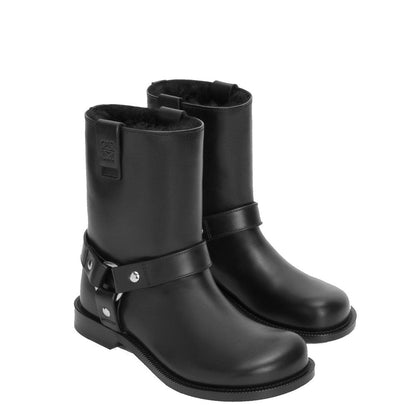 Loewe Black Calfskin Ankle Boots with round toe and hardware details, Goodyear construction, leather outsole, and 30mm heel height.