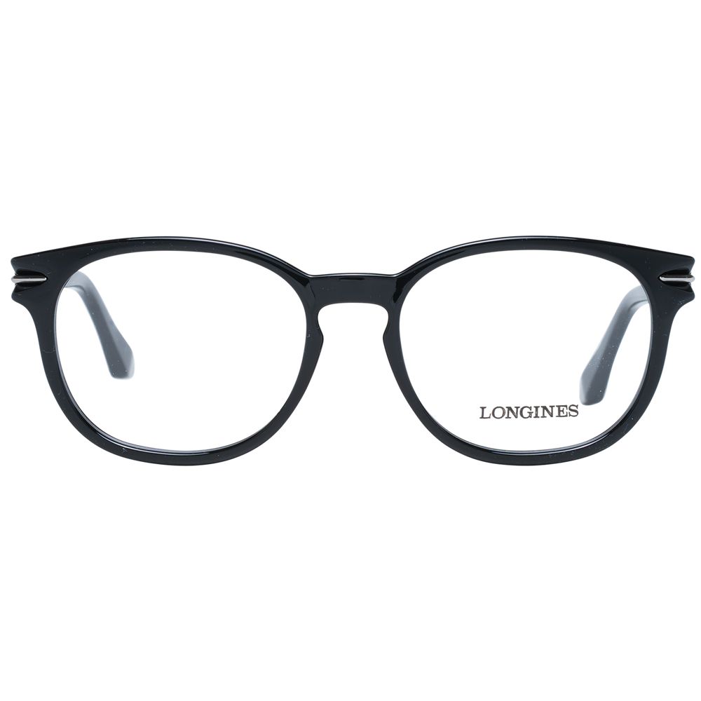 Longines Black Unisex Glasses Frame, full-rim, plastic, round style, demo lenses, 52-17-145 size, ideal for both men and women.