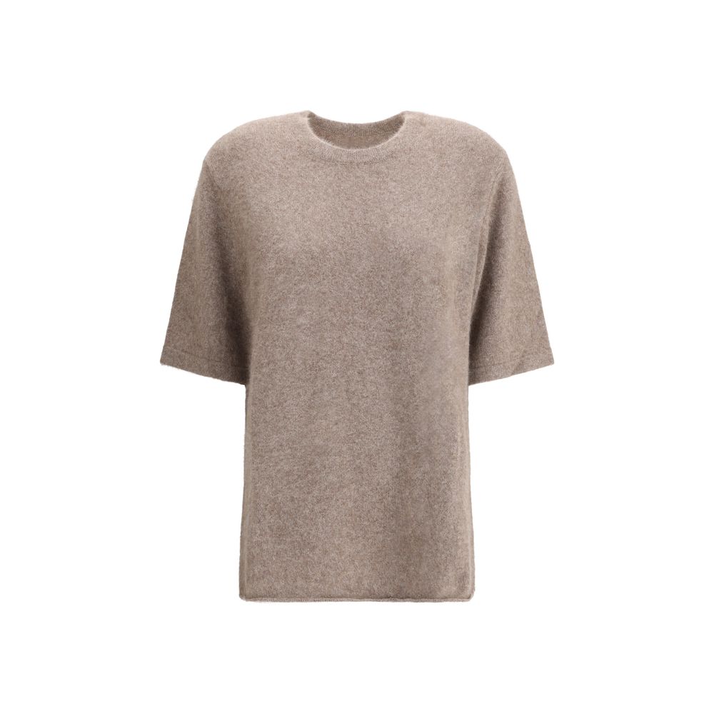 Loulou De Saison Beige Wool Sweatshirt with short sleeves and crew neck, made from soft yak blend for a relaxed, sophisticated look.