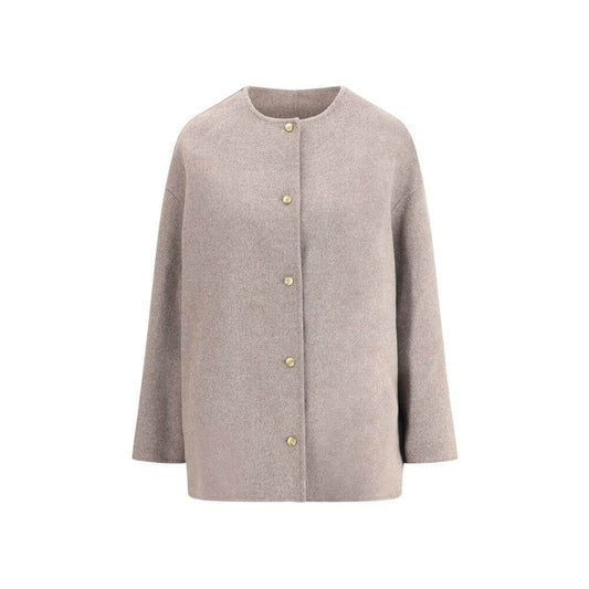 Loulou De Saison Gray Wool Coat with minimalist design, crew neck, button closure, and side pockets. Perfect for mid-season wear.