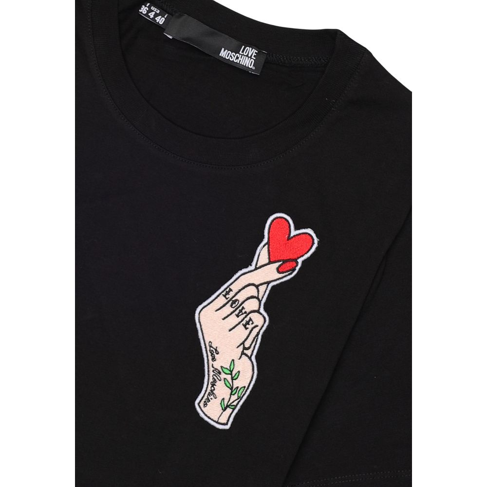 Love Moschino Black Cotton T-Shirt with hand and heart design on chest