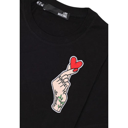 Love Moschino Black Cotton T-Shirt with hand and heart design on chest