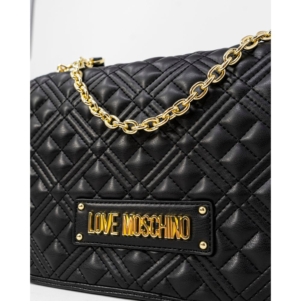 Love Moschino Black Polyethylene Handbag with quilted design and golden chain, showcasing sophisticated style and versatility.