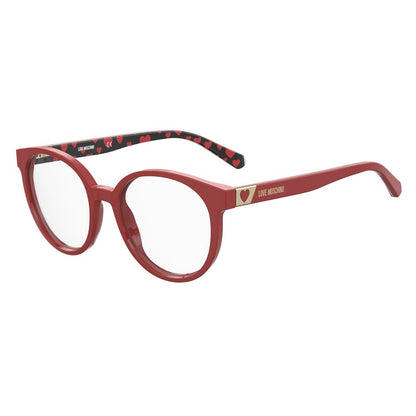 Love Moschino Multicolor Acetate Glasses (Frames) with red design and heart accents, size 52/18/140 mm, made from acetate material.