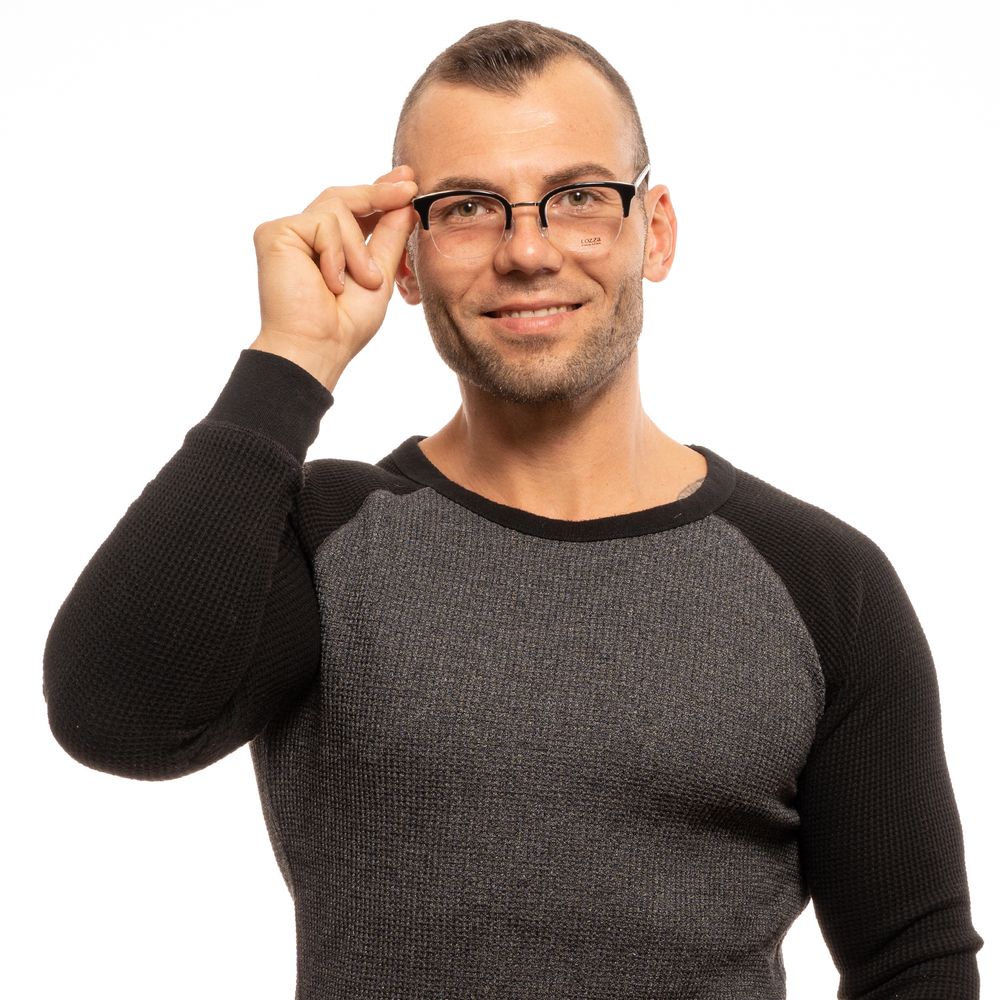 Man wearing Lozza Black Unisex Glasses Frame, half-rim style with trapezium lenses. Branded case included, no spring hinge.