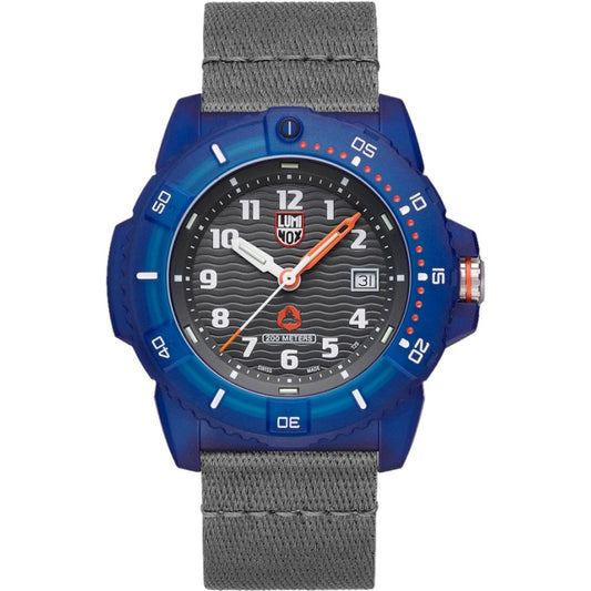 Luminox Gray Nylon Sport Watch with blue resin case, grey nylon bracelet, grey dial, quartz analog display, and Swiss Movement.