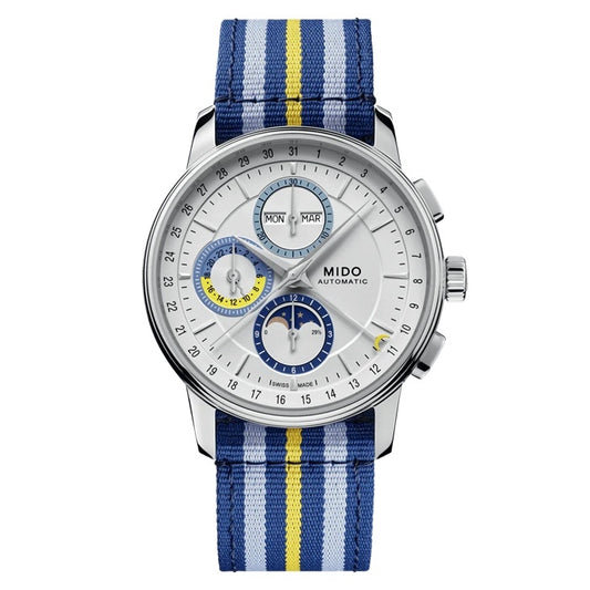 MIDO MOD. BARONCELLI watch with blue and yellow striped strap, featuring a multi-dial face and automatic movement.