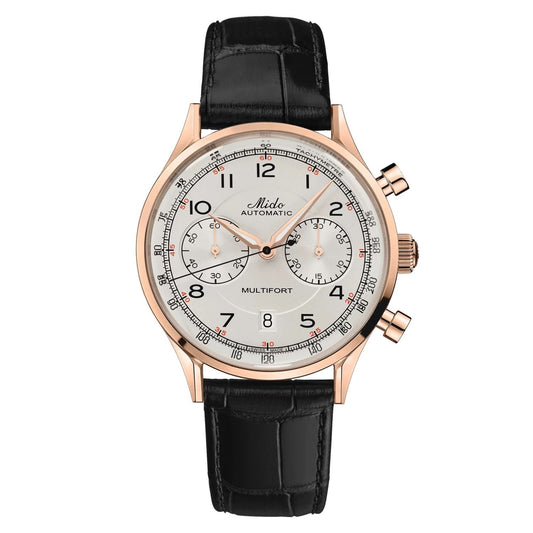 MIDO MOD. MULTIFORT PATRIMONY CHRONOGRAPH watch with leather strap and rose gold case