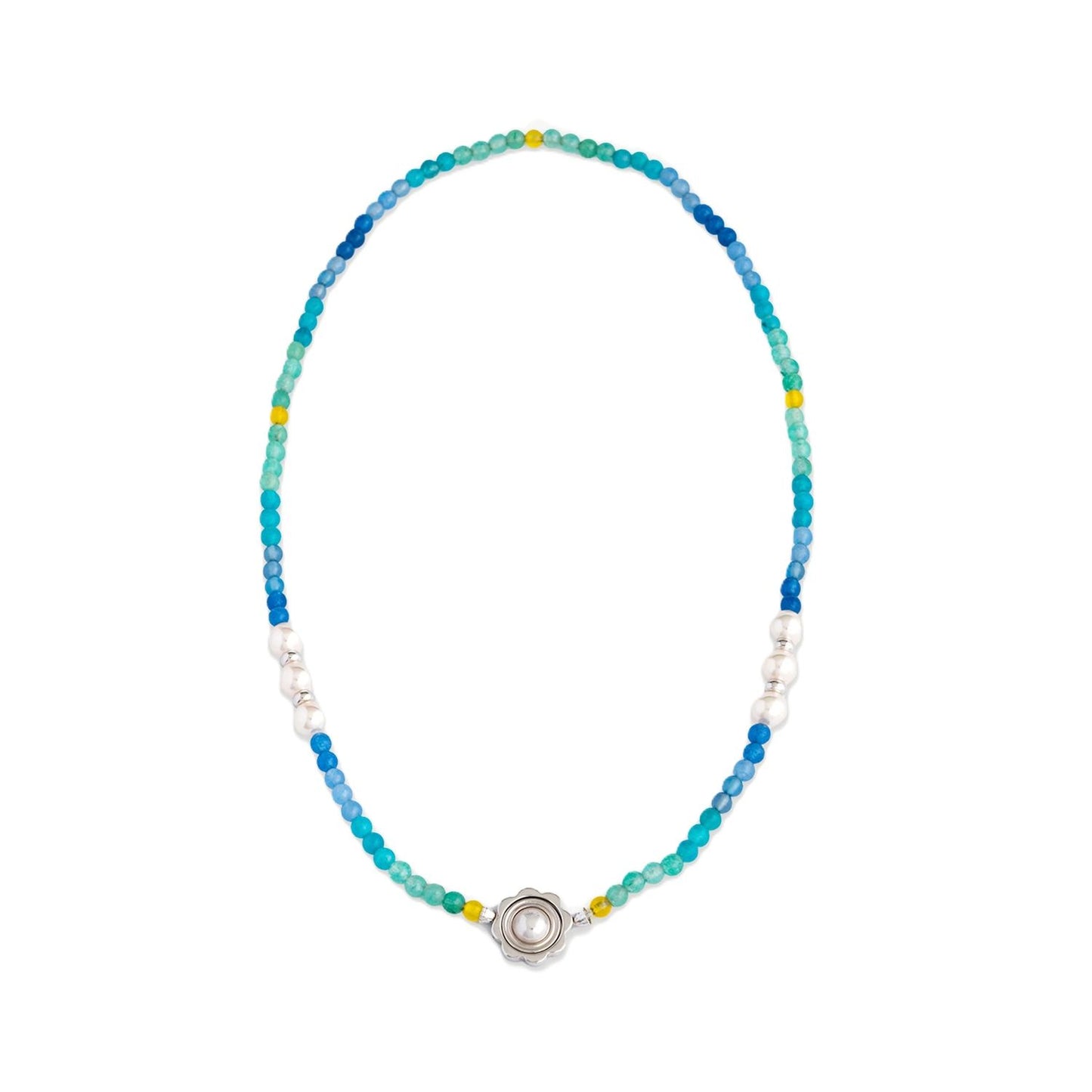 Colorful beaded necklace featuring a central silver design and pearls. Bright and stylish accessory.