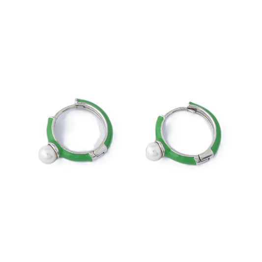 MAJORICA JEWELRY Mod. 17349.01.2.E00.000.1 green and silver hoop earrings with pearl accents.