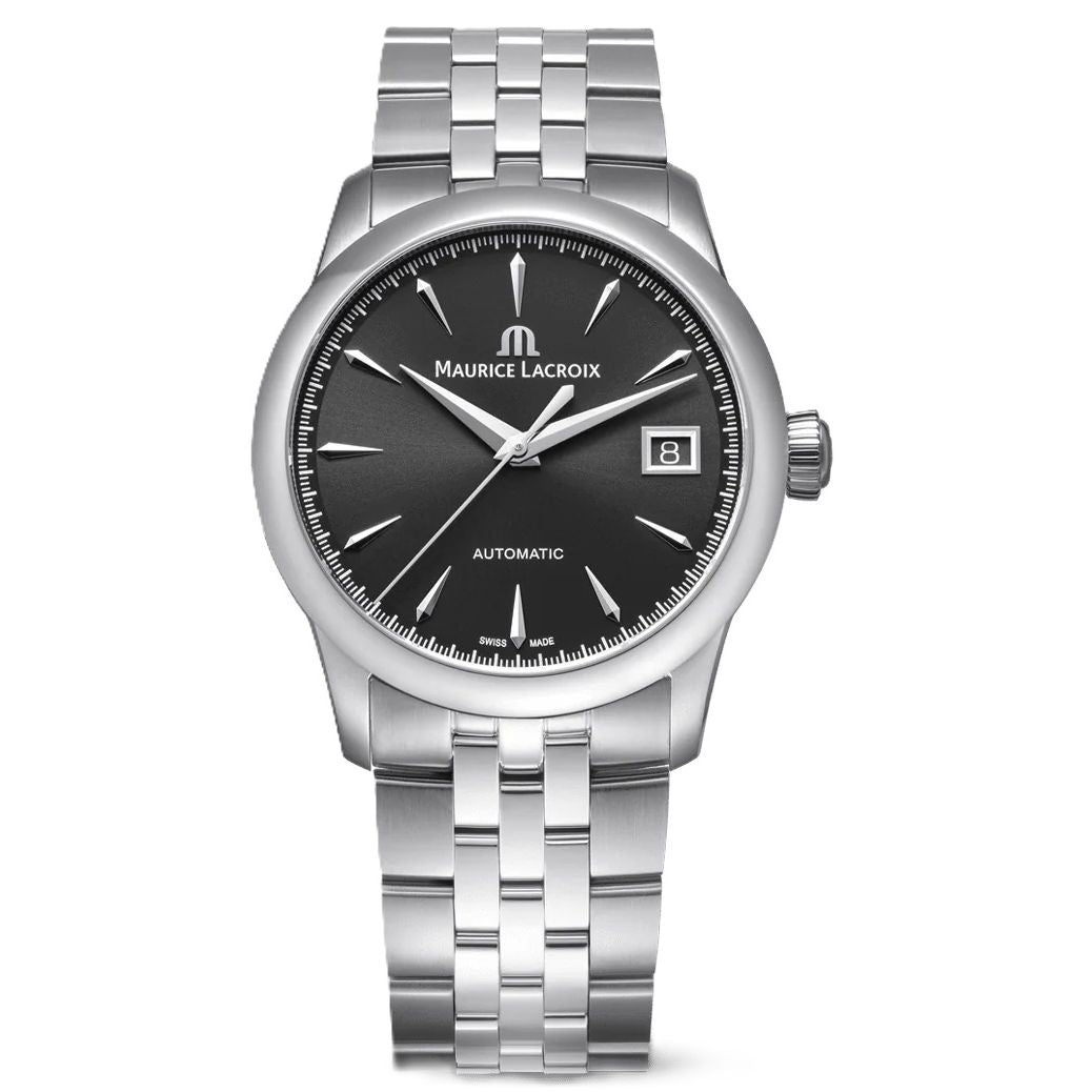 MAURICE LACROIX MOD. 756007-SS002-330-1 luxury watch with silver bracelet and black dial.