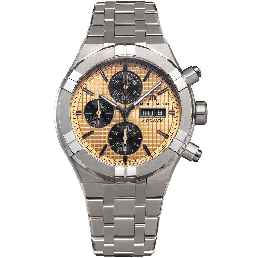 MAURICE LACROIX MOD. AI6038-TT032-530-1 luxury men's watch with a steel bracelet and gold-tone dial, showing chronograph functions.