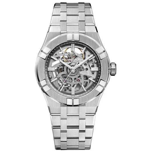 MAURICE LACROIX MOD. AIKON AUTOMATIC SKELETON wristwatch in stainless steel with a sapphire dial, showcasing Swiss craftsmanship.