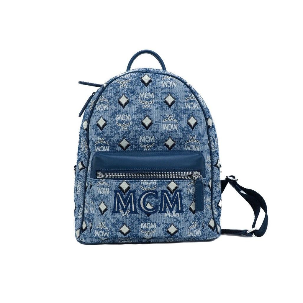 MCM Stark Small Blue Vintage Jacquard Monogram Logo Fabric Backpack Bookbag