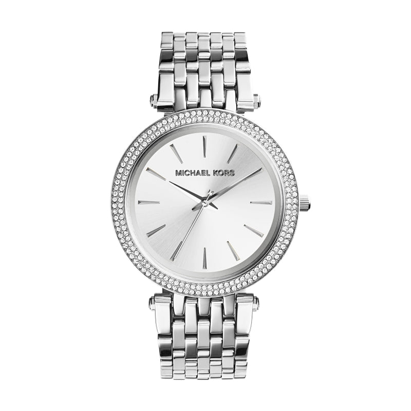 MICHAEL KORS WATCHES Mod. MK3190, silver-tone watch with crystal-accented bezel and link bracelet.