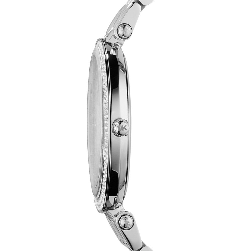 Side view of silver MICHAEL KORS WATCHES Mod. MK3190 showcasing sleek design and craftsmanship.