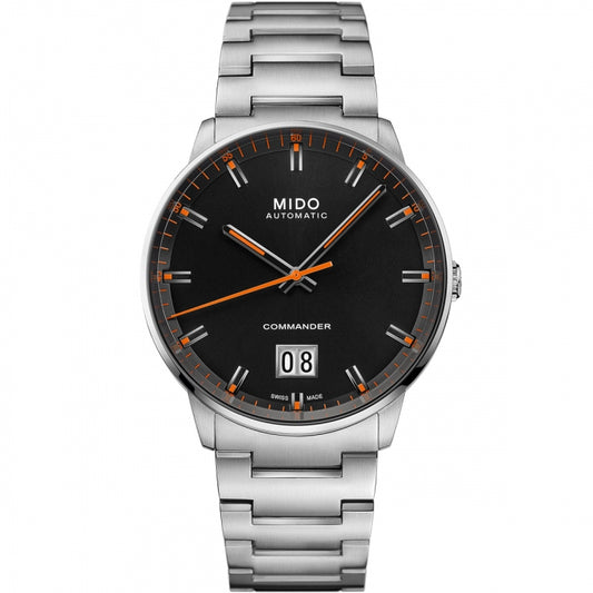 MIDO MOD. COMMANDER BIG DATE stainless steel wristwatch featuring automatic movement with black dial and SS bracelet.