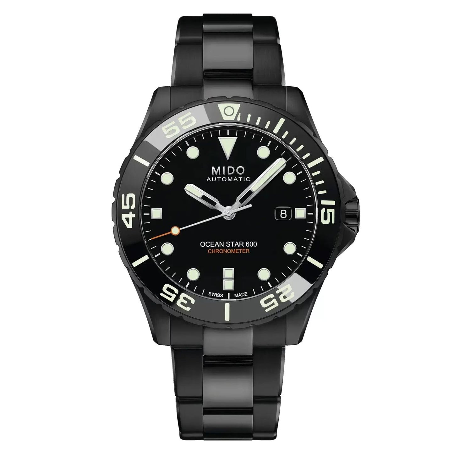 MIDO MOD. M026-608-33-051-00 black stainless steel watch with luminous markers and date display.