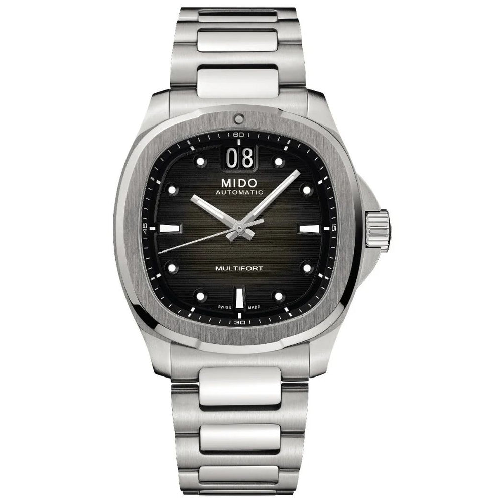 MIDO MOD. M049-526-11-081-00 stainless steel watch with black dial and silver bracelet