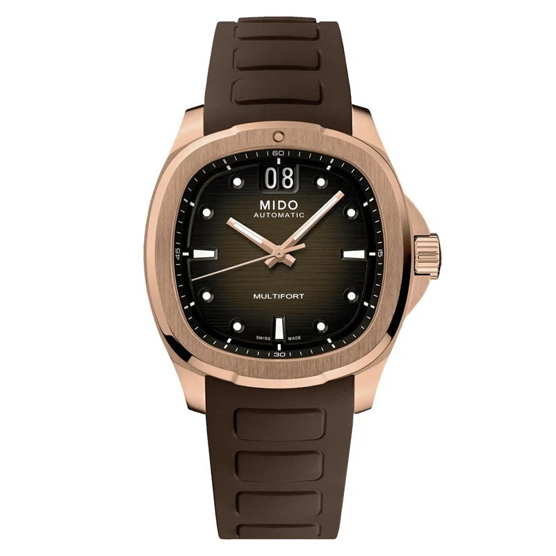 MIDO MOD. M049-526-37-291-00 stylish rose gold watch with brown strap and black dial