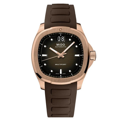 MIDO MOD. M049-526-37-291-00 stylish rose gold watch with brown strap and black dial