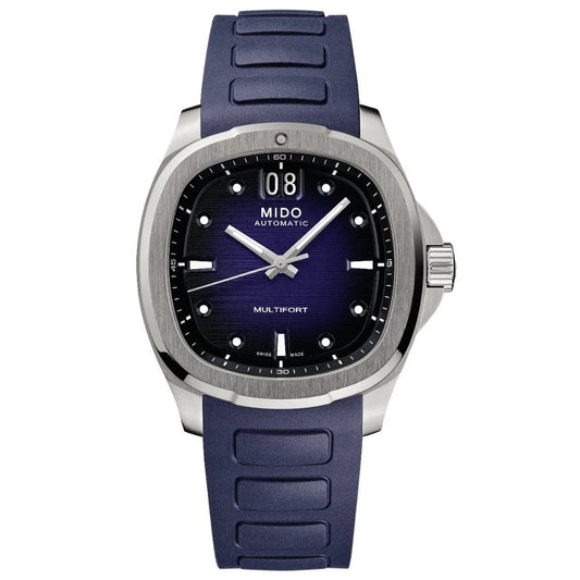 MIDO MOD. MULTIFORT TV BIG DATE watch with blue strap and modern design for stylish timekeeping.