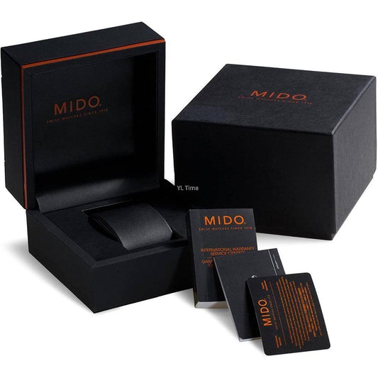 MIDO MOD. OCEAN STAR 600 CHRONOMETER watch packaging with box and warranty cards.