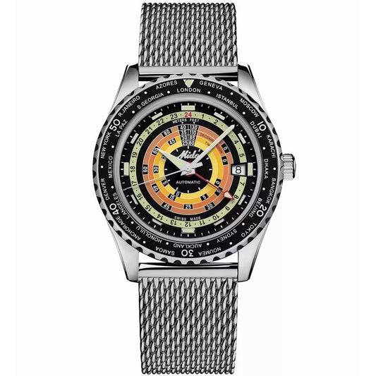 MIDO MOD. OCEAN STAR DECOMPRESSION WORLDTIMER watch with vintage-style multicolored dial and mesh strap.