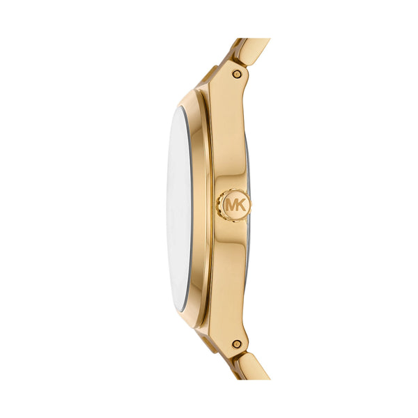 Side view of MICHAEL KORS Mod. LENNOX wristwatch with gold stainless steel case and strap.